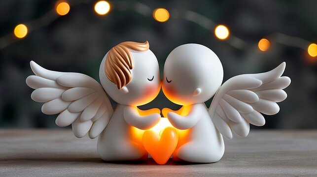 Two angels kissing each other with a heart in between them. Scene is romantic and affectionate