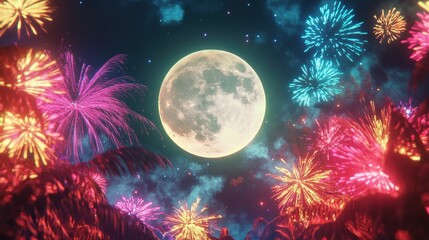 Mid-Autumn Festival Full Moon Fireworks Scene