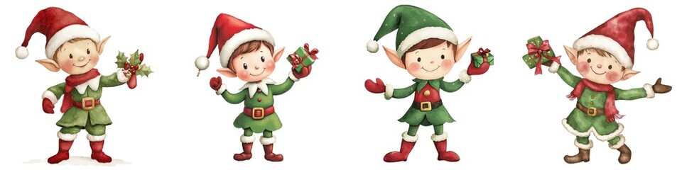 Watercolor collection Playful Christmas elf holding a toy, dressed in a green and red outfit with a pointy hat, isolated white, cut out , PNG.