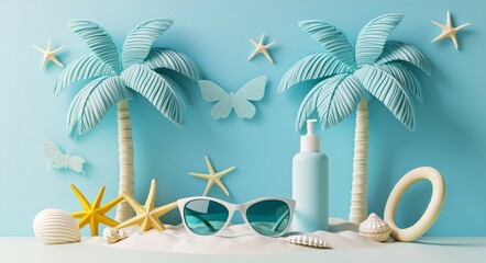 Fototapeta premium The 3D render looks like this: Minimal summer concept with beach element, tree, sunglasses, and ball on purple background, empty podium for a product advertisement.