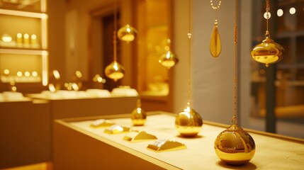 Obraz premium Luxurious golden ornaments elegantly displayed in a sophisticated and ambient jewelry store setting.