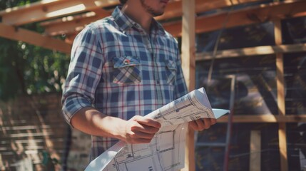 A man in a checkered shirt studies blueprints amidst the structure of a wooden building frame, indicating a construction or architectural project in progress.