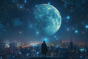 A solitary figure gazes at a luminous moon over a vibrant cityscape at night, with stars illuminating the dark sky