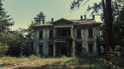 An abandoned mansion with classical architecture, surrounded by dense trees, exudes a haunting beauty and a mysterious, historic aura.