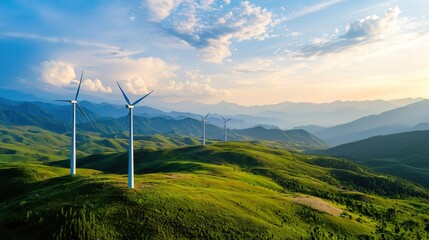 Aerial view of wind turbines in a mountain landscape at sunset.