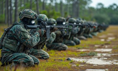 Military personnel in camouflage training during a daytime drill in a forested area