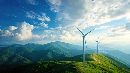 Wind turbines on a mountaintop with a blue sky and clouds