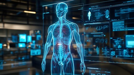 9. **Create a holographic human body in a medical training setting, with emphasis on detailed anatomical features and interactive elements. The hologram should be displayed as a teaching aid, with