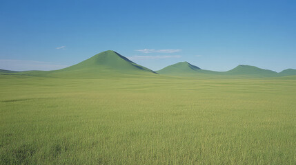 Fototapeta premium An expansive image showing serene green rolling hills under a perfectly clear blue sky, representing an endless and uninterrupted natural landscape with gentle slopes.