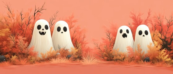 Obraz premium Smiling Ghosts in Autumn Foliage, Halloween Illustration