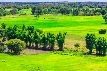 Obraz premium Natural background, high angle view from the observation point, blurred golden rays of the sun visible. The mountains that were setting on the horizon, changed beautifully with the wind.