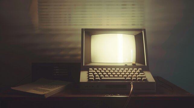The softly glowing vintage computer on a desk, surrounded by shadows, evokes a sense of nostalgia and early technological innovation.