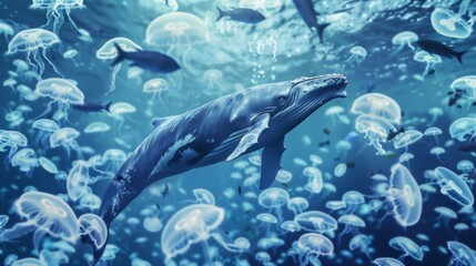 Obraz premium A whale swims serenely among hundreds of glowing jellyfish in an enchanting underwater world, illuminated by gentle, shimmering light.