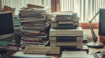 Fototapeta premium An overburdened office desk loaded with stacks of paperwork and outdated technology, reflecting the chaos of a high-pressure work environment.