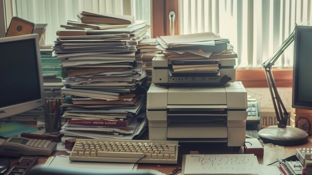 An overburdened office desk loaded with stacks of paperwork and outdated technology, reflecting the chaos of a high-pressure work environment.
