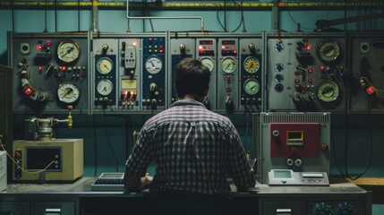 A man surrounded by an array of control panels and gauges in a technical room, concentrating on monitoring and managing complex systems.