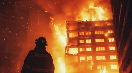 A firefighter stands silhouetted against a blazing high-rise building, embodying courage and resilience in the face of intense flames and heat.