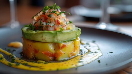 145. A plate of Peruvian causa (potato dish) with avocado
