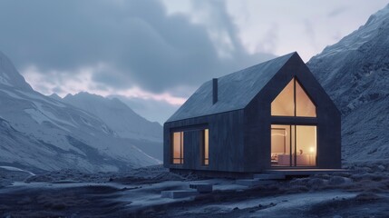 Modern, cozy house in a rugged, mountainous landscape glowing warmly amidst an evening mist, epitomizing solitude and peaceful retreat.