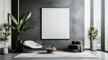Fototapeta premium A blank canvas or poster mockup in a modern, minimalist living room interior, surrounded by stylish furniture and decor, perfect for art display.