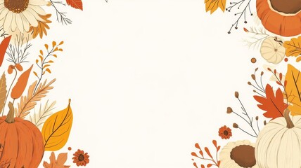 Fototapeta premium A Thanksgiving theme border, seasonal festive, featuring pumpkins, sunflowers, colorful leaves, pies, and others. Warm colors, on white background.
