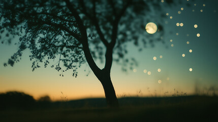 Photograph of a silhouetted tree at dusk, with the moon and stars in the sky