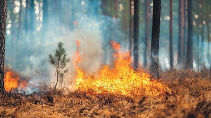 Forest Fire Engulfing Pine Trees in Smoky Woodland Setting - Intense Wildfire Scene