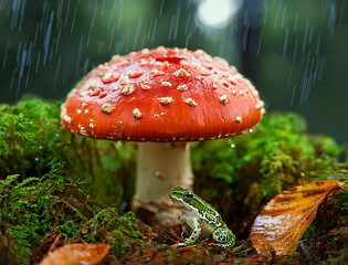 Fototapeta premium A frog sheltered from the rain under a red mushroom
