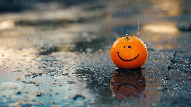 A cheerful orange with a painted smiley face sitting on a wet sidewalk on a rainy day, spreading joy amidst the droplets.