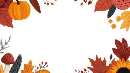 Obraz premium A Thanksgiving theme border, seasonal festive, featuring pumpkins, sunflowers, colorful leaves, pies, and others. Warm colors, on white background.