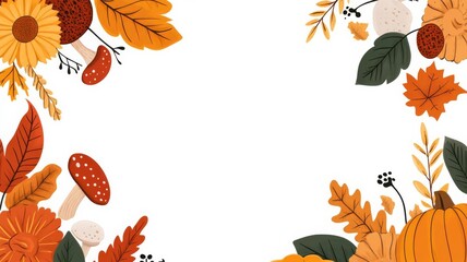 Fototapeta premium A Thanksgiving theme border, seasonal festive, featuring pumpkins, sunflowers, colorful leaves, pies, and others. Warm colors, on white background.