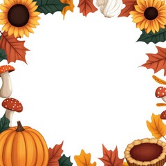 A Thanksgiving theme border, seasonal festive, featuring pumpkins, sunflowers, colorful leaves, pies, and others. Warm colors, on white background.