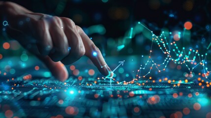 Analytical hand gestures over digital graphs and data visualization at night in a high-tech environment