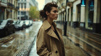 Fototapeta premium Fashionable woman in a trench coat stands on a rain-drenched urban street, her hair tousled and face determined, exuding a chic and moody vibe.