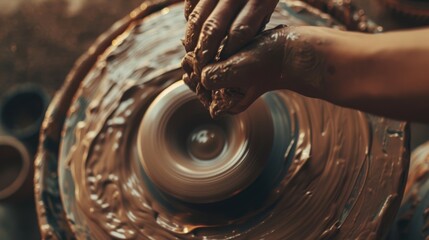 Pottery-making hands work the clay on a spinning wheel, showcasing the artistry of shaping earthy material into beautiful creations.