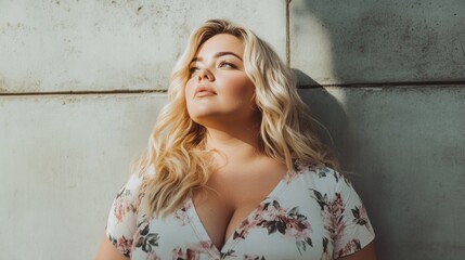 Fototapeta premium Plus size blonde stylish woman wearing a tshirt for product mockup
