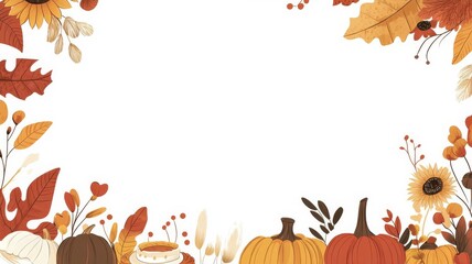 Fototapeta premium A Thanksgiving theme border, seasonal festive, featuring pumpkins, sunflowers, colorful leaves, pies, and others. Warm colors, on white background.