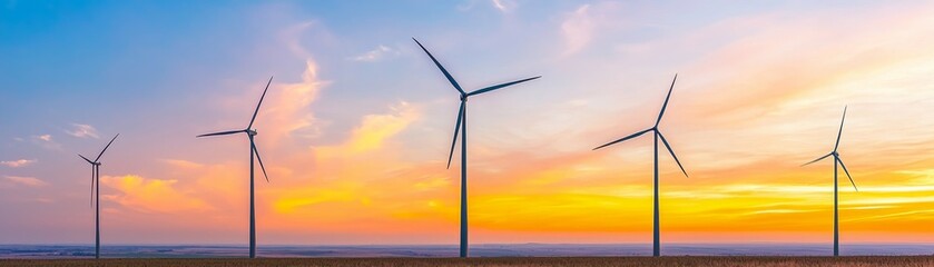 Obraz premium Wind turbines silhouette against a colorful sunset sky.