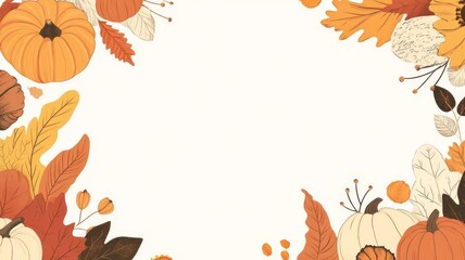 Fototapeta premium A Thanksgiving theme border, seasonal festive, featuring pumpkins, sunflowers, colorful leaves, pies, and others. Warm colors, on white background.