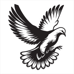 Fototapeta premium Mourning Dove Silhouette - Zenaida macroura Clipart - Mourning Dove hovering in mid-air Illustration in black and white