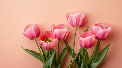 Obraz premium Peony tulips flower spring holiday flowery pastel background minimal flowery flat lay floral still life with pink blooming flowers on beige colored nature decor card postcard invitatio&nbsp;