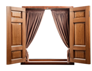 Elegant wooden window with open shutters cut out transparent isolated on white background PNG