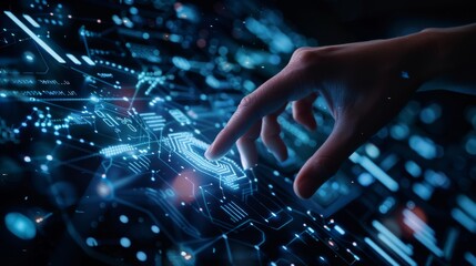 A hand reaches out to a digital interface, glowing with interconnected circuits and data, representing futuristic technology and innovation.