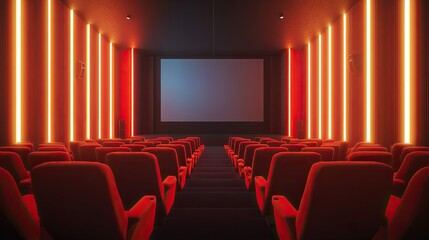 Fototapeta premium A modern cinema hall featuring plush red chairs arranged in rows, facing a large screen. Ambient lighting enhances the cozy atmosphere. Perfect for movie posters.
