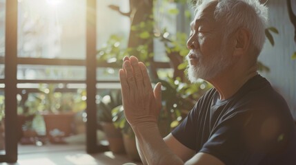A serene older man with closed eyes meditates in soft sunlight, surrounded by houseplants, radiating inner peace and mindfulness.