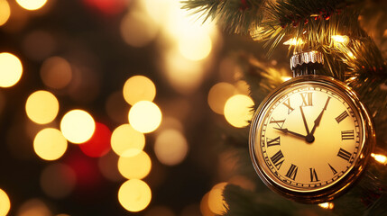 Christmas clock and tree decoration and Christmas tree branches with glitter and glowing lights background with copy space festive celebration holidays