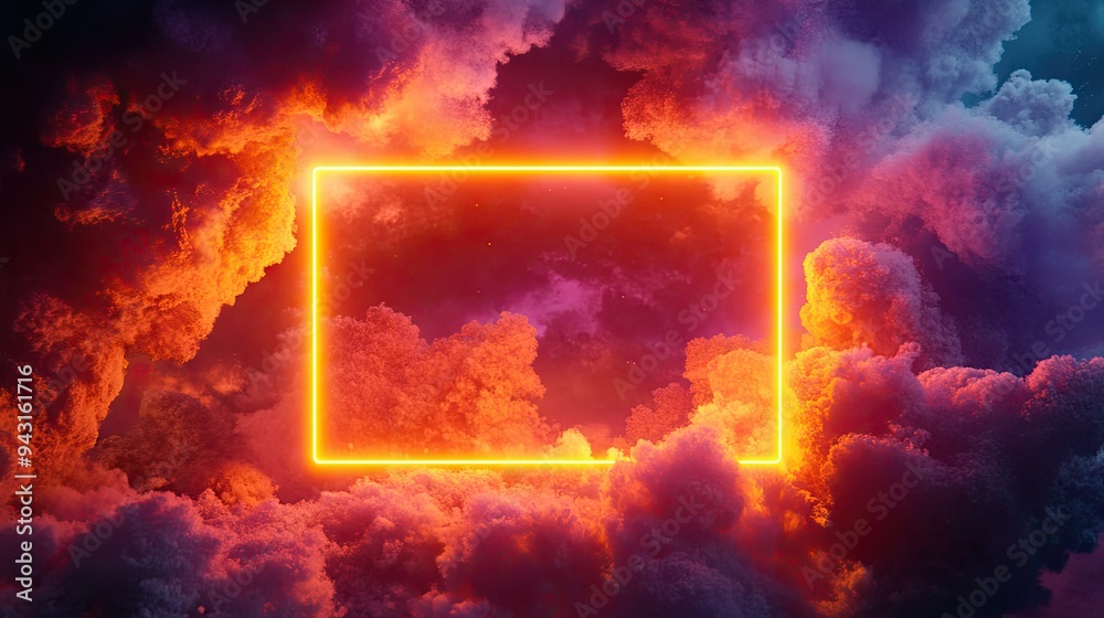 Fototapete a neon-lit rectangular frame in orange and yellow, floating amidst vibrant cloud formations, creatin