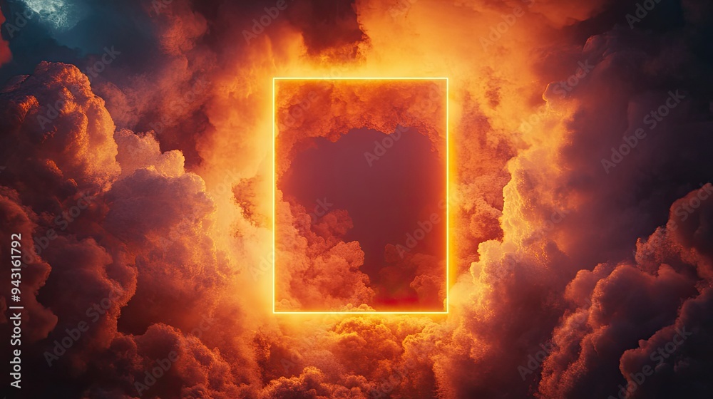 Fototapete a neon-lit rectangular frame in orange and yellow, floating amidst vibrant cloud formations, creatin