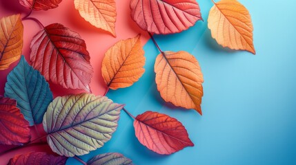 A group of colorful leaves on a pink and blue pastel background