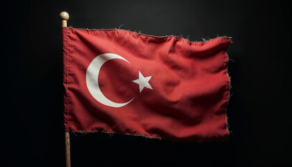 A weathered and worn Turkish flag made of fabric, prominently displayed against a dark background
